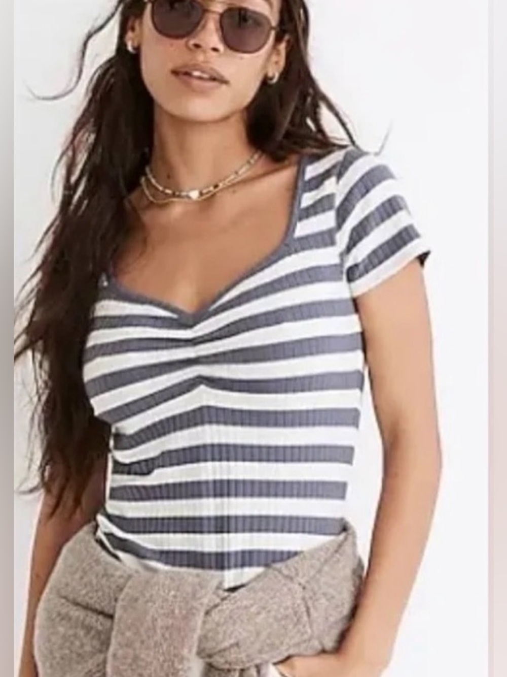 Madewell Navy and White Striped Short Sleeve Ribbed Tee